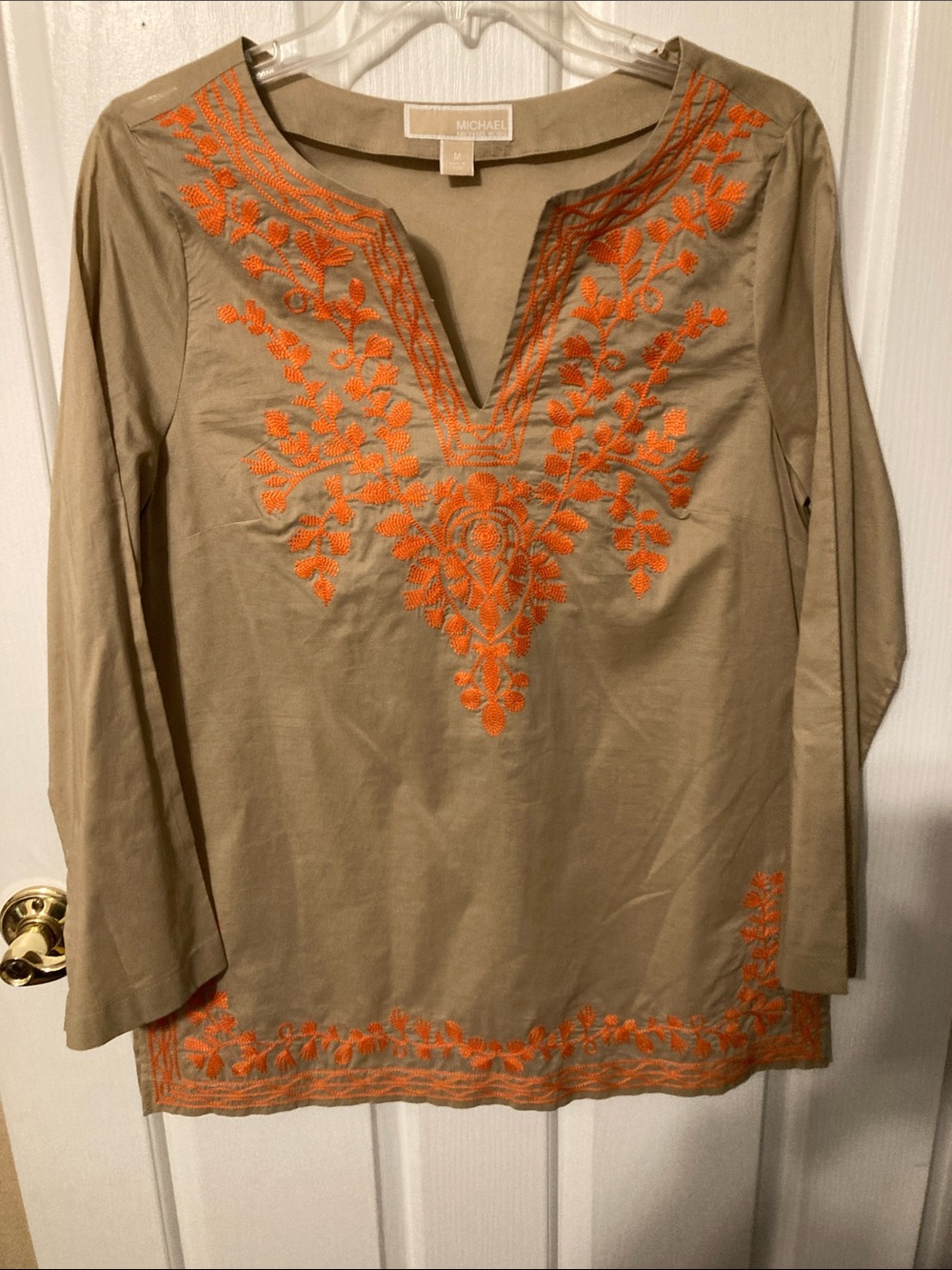 50% off in 3+ bundle, MICHAEL Michael Kors Taupe Tunic with Orange Embroidery